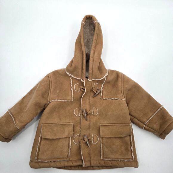 VTG Baby Girl 18M Tan Brown Sherling Suede Hooded Zip Toggle BOHO 70s inspired - Picture 1 of 7